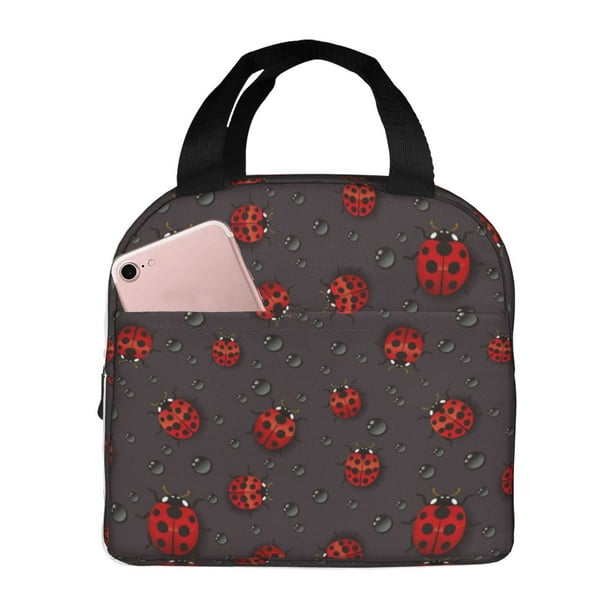 Easygdp Red Ladybugs On Dark Background Bolsa Térmica Premium - Tela Oxford Impermeable, Gran Capacidad, Bolsillo Frontal, Unisex para Trabajo, Escuela, Actividades al Aire Libre y Picnics