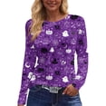thumbnail image 4 of Yuaguia Women Halloween Elements Print Long Sleeve T-Shirt, Spooky Side Split Crewneck Casual Autumn Fall Top for Daily Wear, Work, and Holiday Parties, Dark Purple 2XL, 4 of 5