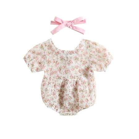 

Bagilaanoe 0-24M Baby Girl Romper Flower Print Square Neck Short Sleeve Jumpsuit Headband