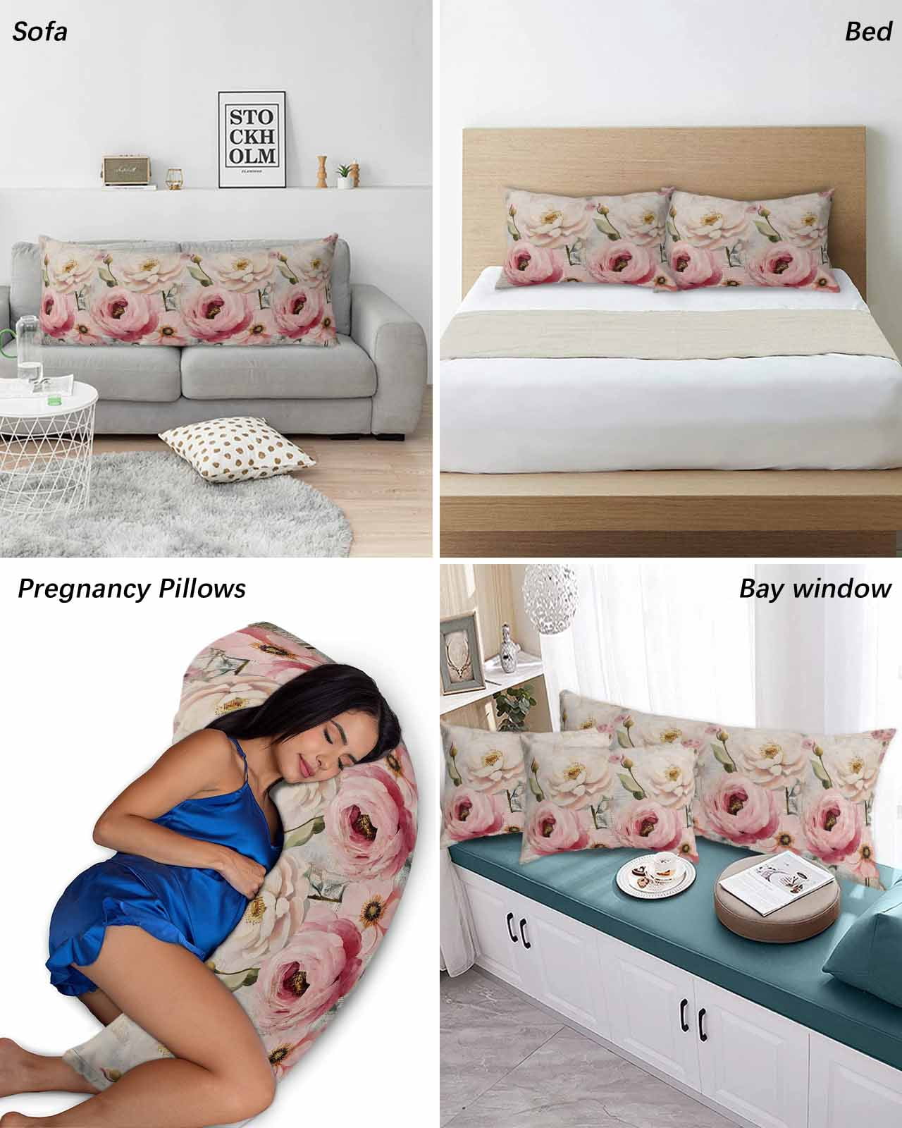 Pink White Spring Floral Pillow Covers Queen Size 2 Pack, Vintage Flowers Watercolor Soft Bed Throw Pillowcases Breathable Cooling Long Lumbar Body Pillow Sham Cover for Bed Sofa 20''x30''