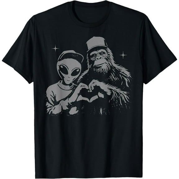 Bigfoot & Alien Sasquatch Love Hand Sign Unisex T-Shirt for Men Women Kids Toddler