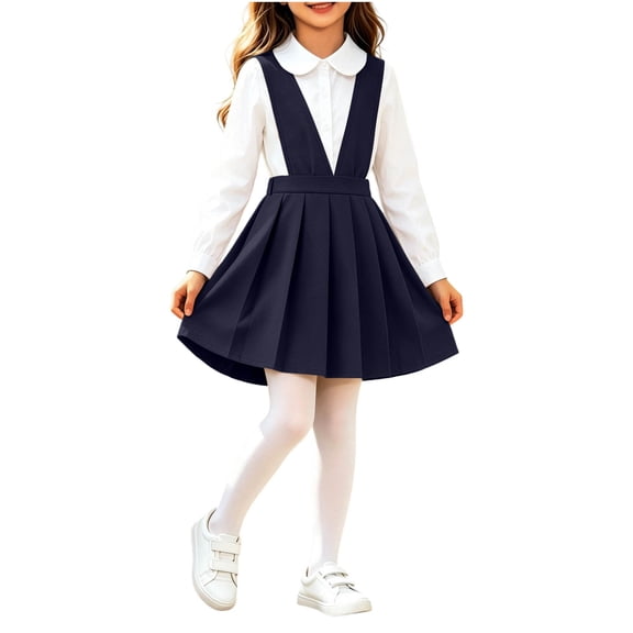 School Uniform Dresses Girls Pleated V Neck Casual Jumper Ruffle Sleeveless Cute Overall Dress Navy, Size 3 Y