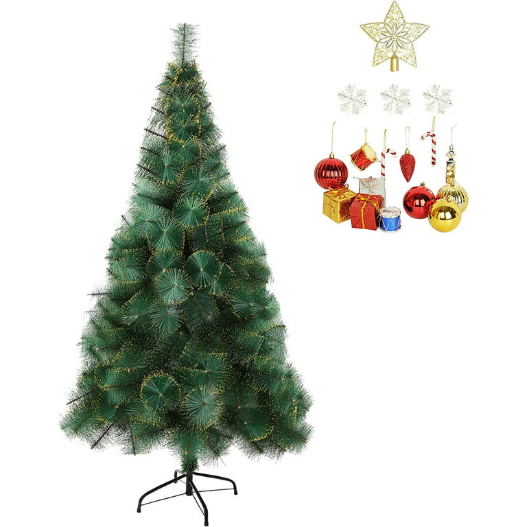KARMAS PRODUCT 6 ft Artificial Christmas Tree Needle 212 Tips PET Branches  with Gold Glitter, Metal Tree Stand and Xmas Decorations 