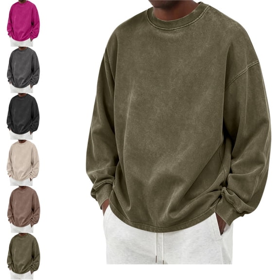 Domuza Sweatshirts for Men Vintage Acid Wash Cotton Crewneck Sweatshirt Long Sleeve Ribbed Collar Cuffs Sweatshirt Drop Shoulder Y2K Streetwear Top