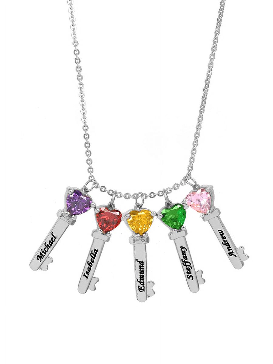 Personalized Family Key-Shaped Charm Pendant with Up to 6 Heart-Shaped Birthstones