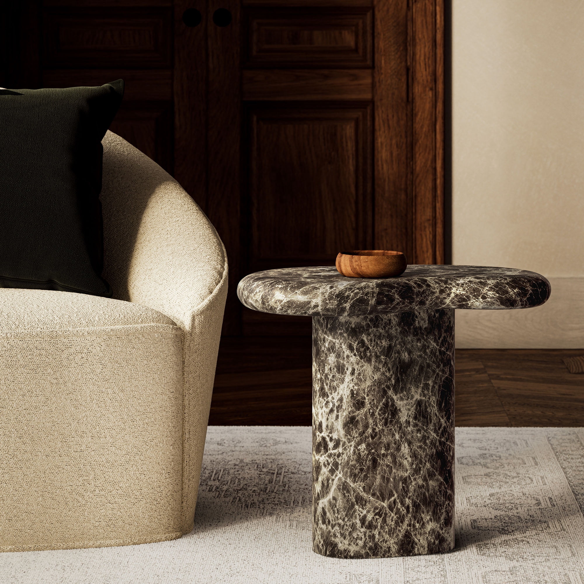 Elowen Outdoor Patio Faux Marble Side Table in Dark Emperador Marble