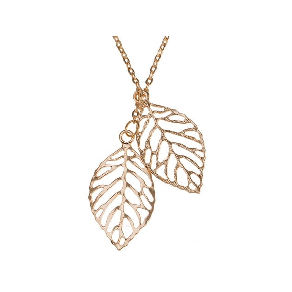Golden Tone Double Two Leaf Filigree Pendant Chain Necklace