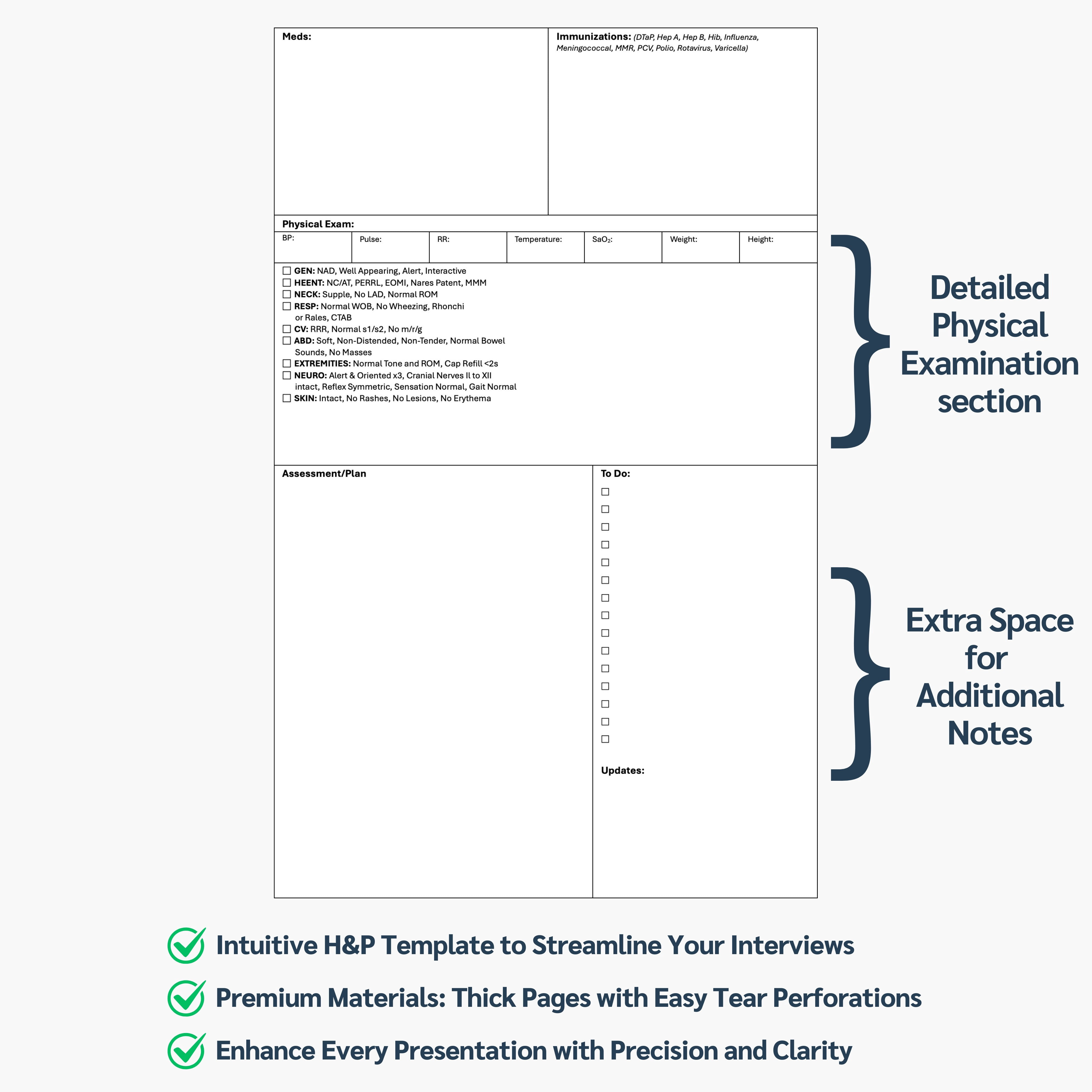 Pediatrics H&P Notebook: 110 Perforated Medical History & Physical Templates, 2-Page View, Pocket Size 8.5"x5.5", Includes Medicine Reference Sheet, Ideal for Students & Professionals, 1 Pack