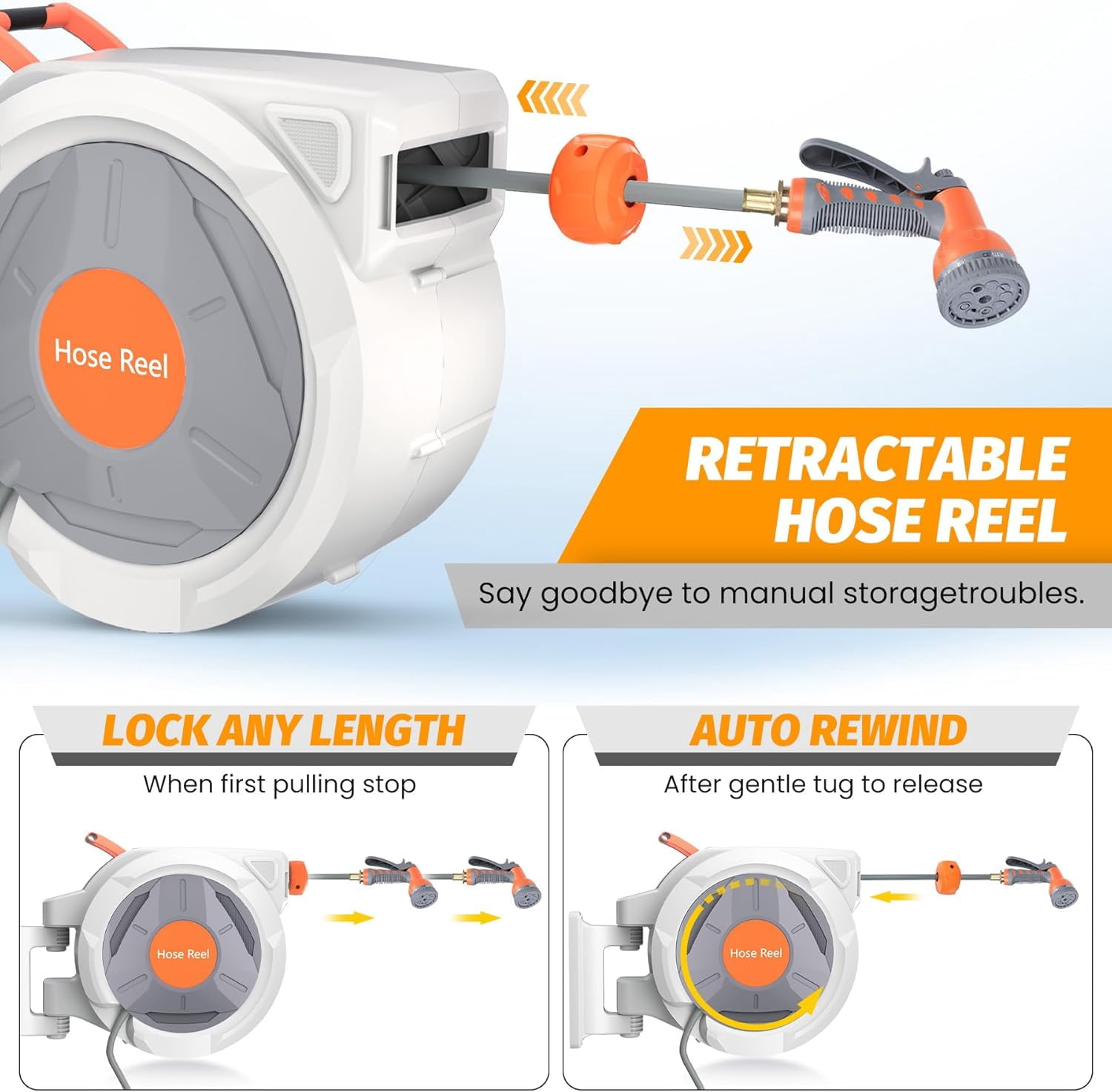 Retractable Garden Hose Reel, 5/8 In x 100 Ft With 9 Function Sprayer Nozzle, Any Length Lock, Automatic Rewind and Slow Return System, Wall Mounted and 180 Deg Swivel Bracket