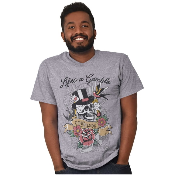 Life's A Gamble Skull Rose Tattoo Plus Size Crewneck Graphic Tee Shirt Brisco Brands 2X