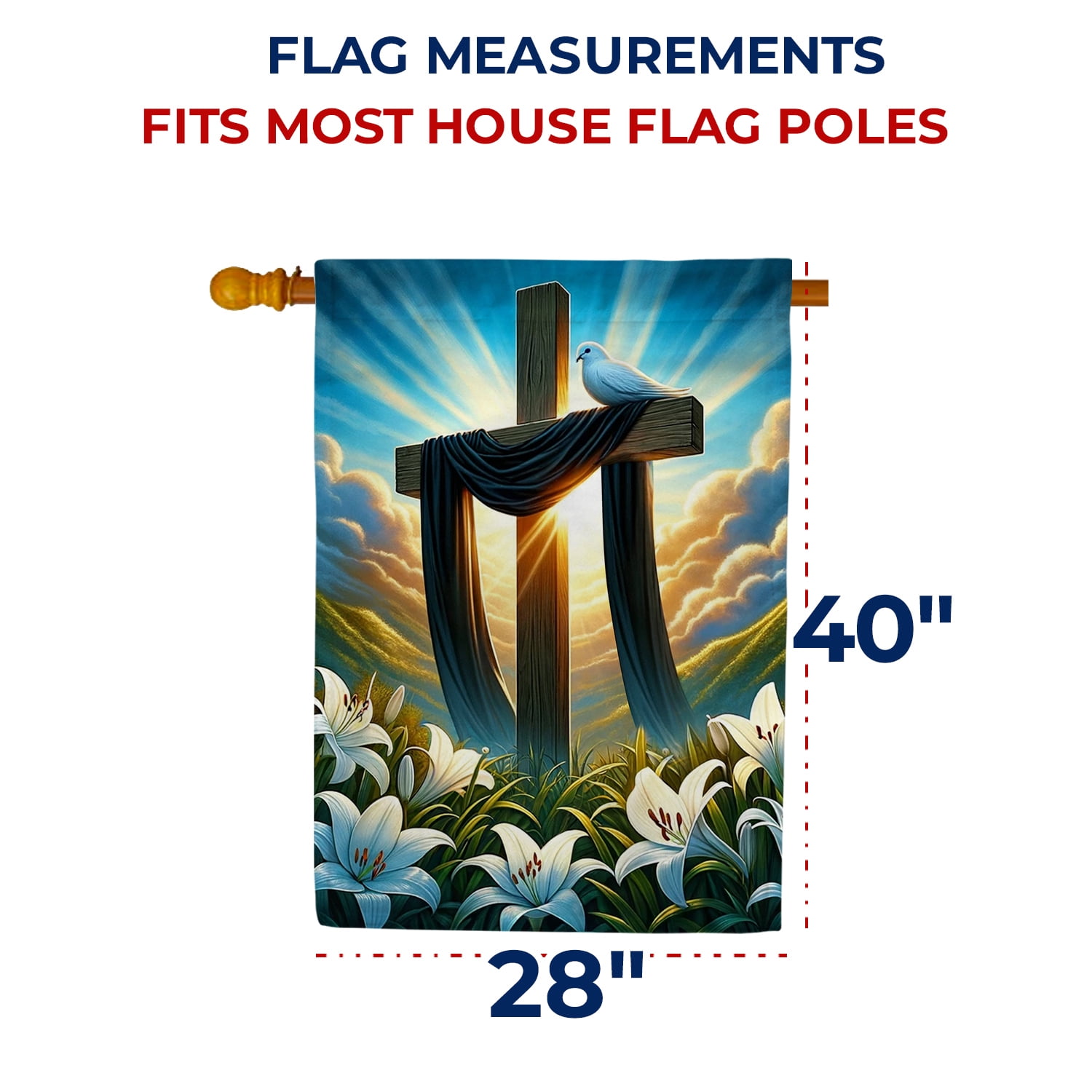 America Forever Easter Cross House Flag, 28x40 inch Double Sided, Christian He is Risen, Lilies and Cross Easter Religious Holiday Seasonal Spring Floral Yard Outdoor Decorative Flag