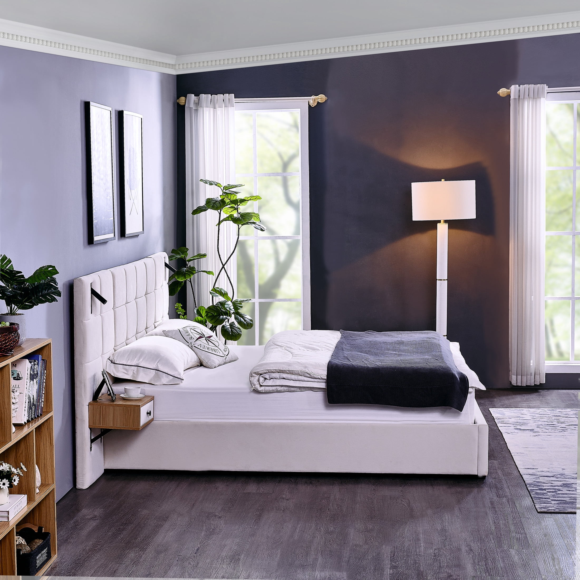 Noble House Derwin King-Size Velvet Storage Bed, Hydraulic Platform Bed Frame with Reading Lamps and USB Port, Beige