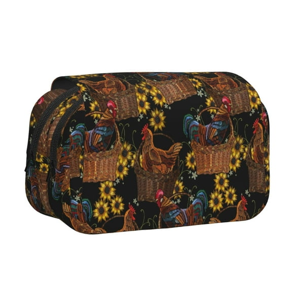 Disketp Embroidery Chicken Rooster And Sunflowers Estuche de Lápices de Doble Capa con Tapa Abatible y Cremallera, Organizador Escolar para Adolescentes y Adultos