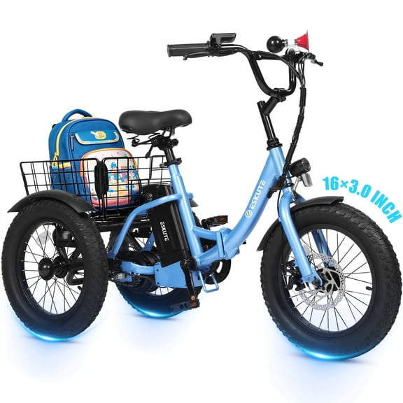 ESKUTE Folding Electric Tricycle for Beginners – 16" x 3.0 Fat Tires, 250W Motor, 302Wh Battery, Step-Thru Design, 12 MPH, Blue