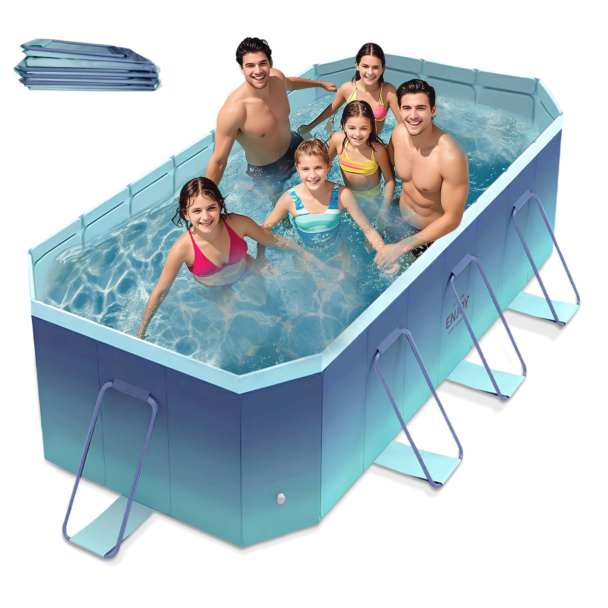 PUEDO Foldable Swimming Pool, Large Non-inflatable Adults Kids Outdoor Pools, with Stable Triangular Braces, Blue, (101" x 66" x 20")