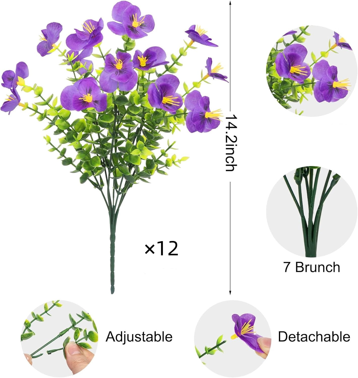 XEAZON Artificial Pansy Flowers, 12 Bundles Fake Silk Pansies Flowers, UV Resistant Silk Faux Plants for Outside Planter Window Box Front Door Porch Yard Home Party Decoration (Purple)