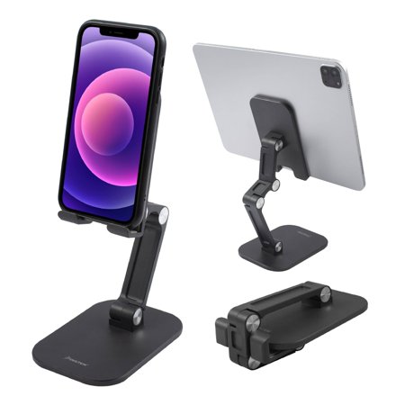 Insten Cell Phone Stand for Desk, Aluminum Foldable Holder, Height & Angle Adjustable Ergonomic Mount For All Smartphones iPhone iPad Tablet Nintendo Switch, Thick Case Friendly, Black