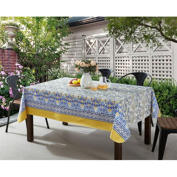 Home Bargains Plus Alluring Yellow and Blue Floral 52 x 52 inch Sqaure Vinyl Tablecloth with Flannel Backing