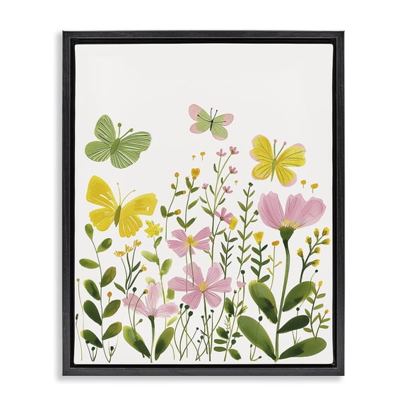 Stupell Industries Whimsical Garden Butterflies Plants & Flowers Painting Black Floater Framed Canvas Art Print Wall Art, 17 x 21