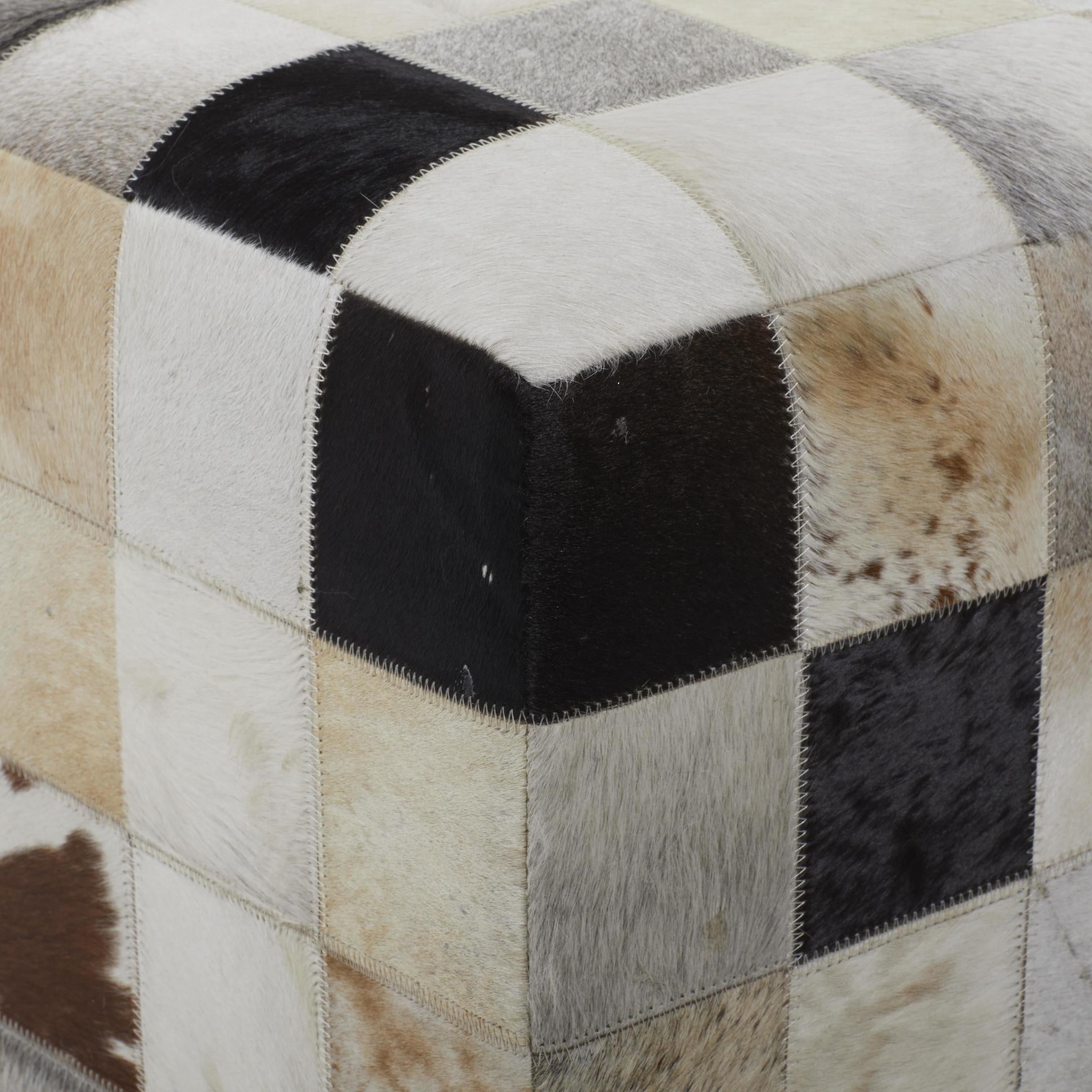DecMode Leather Handmade Cowhide Stool with Patchwork Pattern, Multi Colored