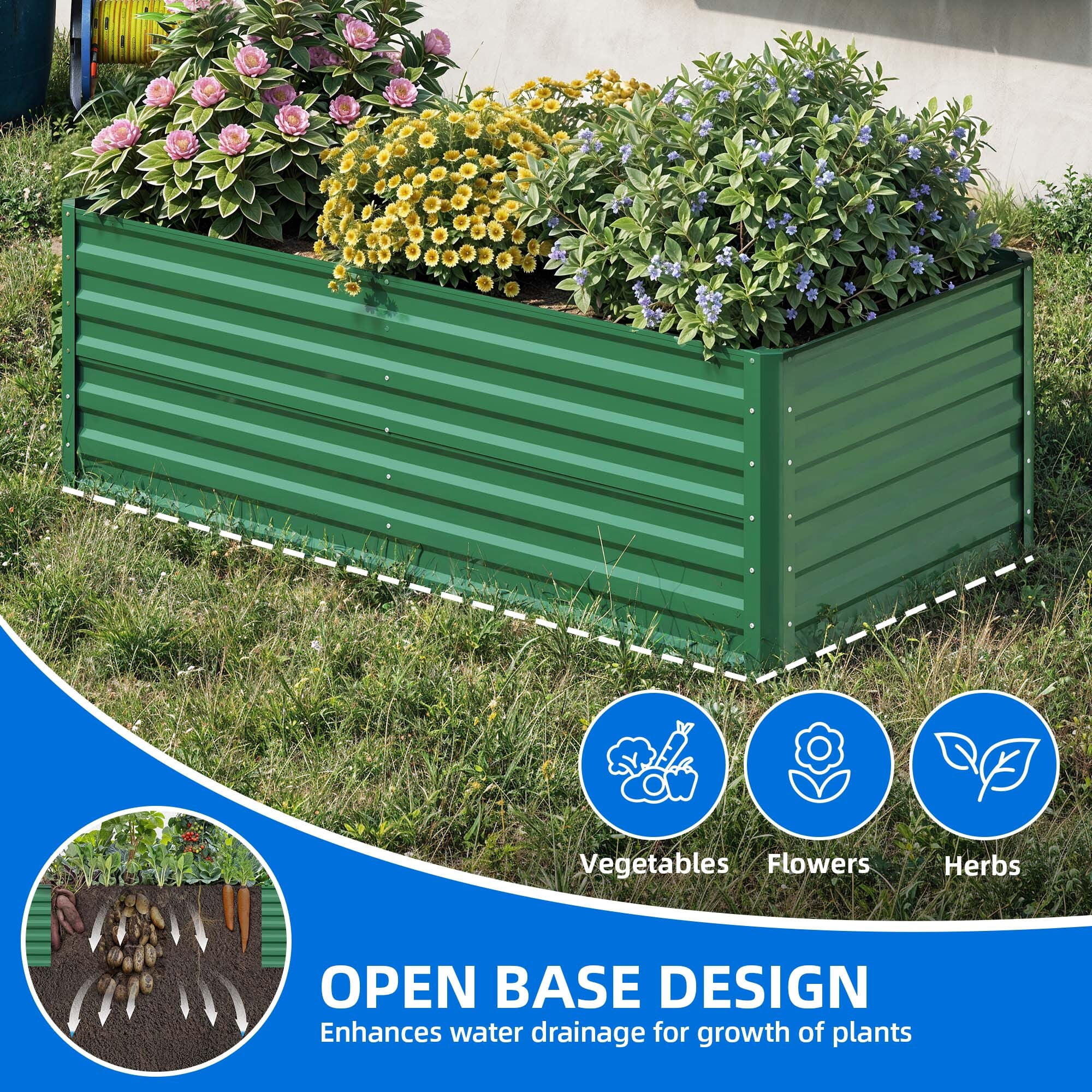 Uforic 6x3x2 ft 2-Pack Galvanized Raised Garden Bed Kit, Green Metal Planter Box with Gloves, Ground Nails & Support Rod, Outdoor Above Ground Planter for Vegetables, Flowers, Plants