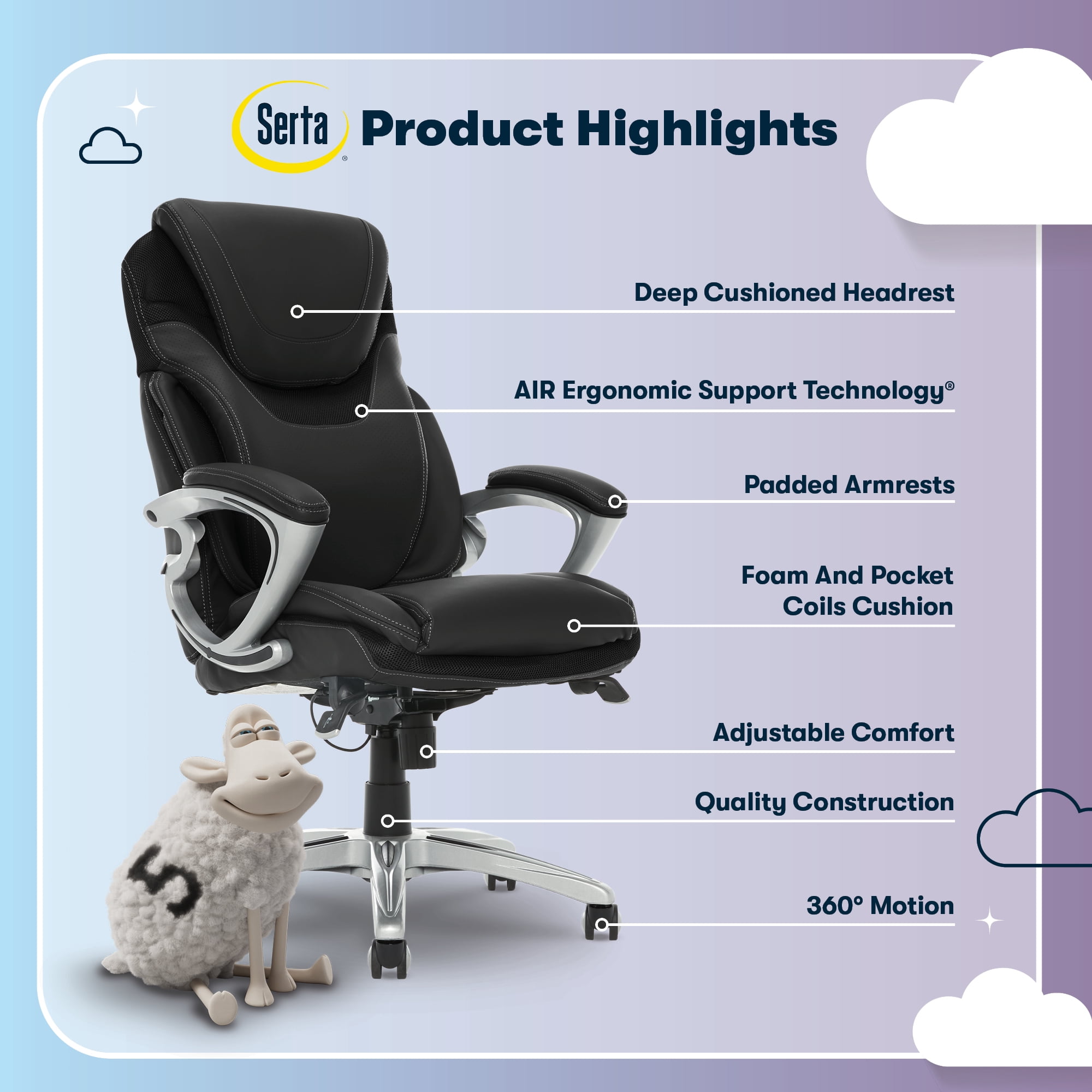 Serta Bryce Executive Office Chair - Ergonomic Computer Desk Chair with Patented AIR Lumbar Technology - Adjustable Height - Memory Foam Body Pillows - 360° Swivel Rolling Base - Bonded Leather - Bla