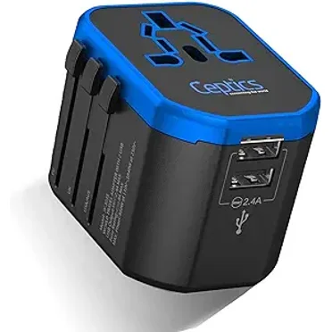 Ceptics World Travel Dual USB Power Plug Adapter - 2 USB Ports Wall Charger Type I C G A Outlets 110V 220V A/C - 5V D/C - EU Euro US UK - European Adaptor Kit