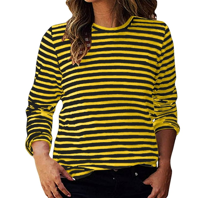 LMKIHUSA Hauts d'Automne à Manches Longues pour Femmes, Coupe Ample, Chemises Décontractées de Mode d'Automne, Imprimé à Rayures, T-Shirts à Col Rond, Jaune, m