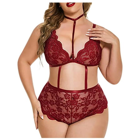 

BIZIZA Babydoll for Women Halter Bodysuit Lace Sexy Lingerie One Piece Strappy Teddy Deep Red XL