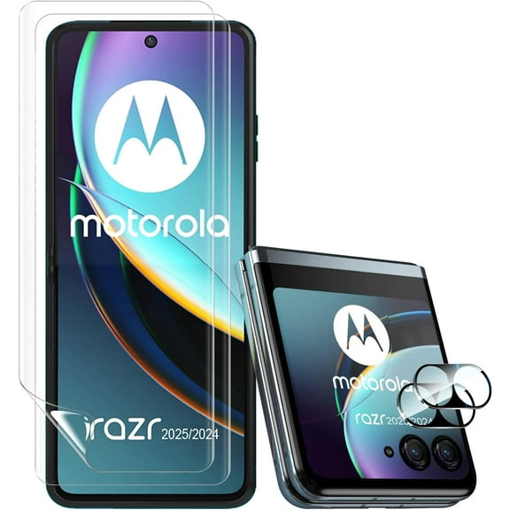 for Motorola Razr 2025/2024 Screen Protector, 2Pcs Inner Soft TPU Screen Protector 2Pcs Tempered Glass Camera Lens Protector, Case Friendly, No Bubble Anti-Scratch Film for Moto Razr 60/50