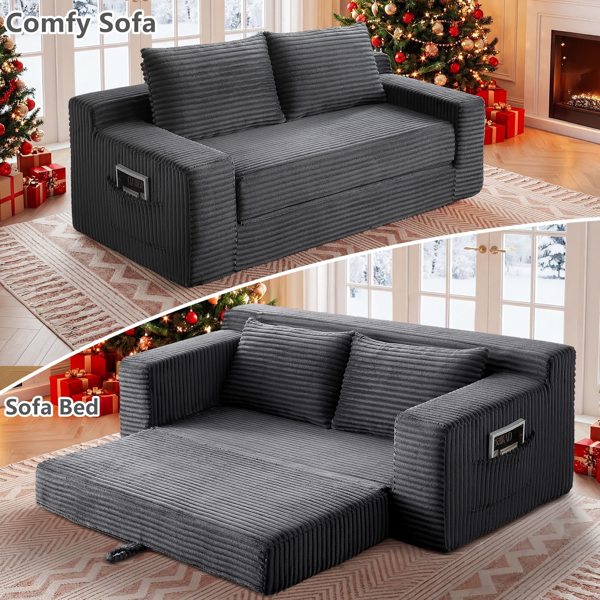 Aukfa 73" Chaise Futon Convertible Sofa Bed Boneless Couch, 2 Pillows&Side Pockets, Queen Size, Corduroy, Gray