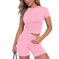 thumbnail image 3 of Guluxicc Workout Sets for Women Crew Neck Basic Athletic T-Shirt with High Waist Tummy Control Biker Shorts Solid Yoga 2 Piece Sets, 3 of 4