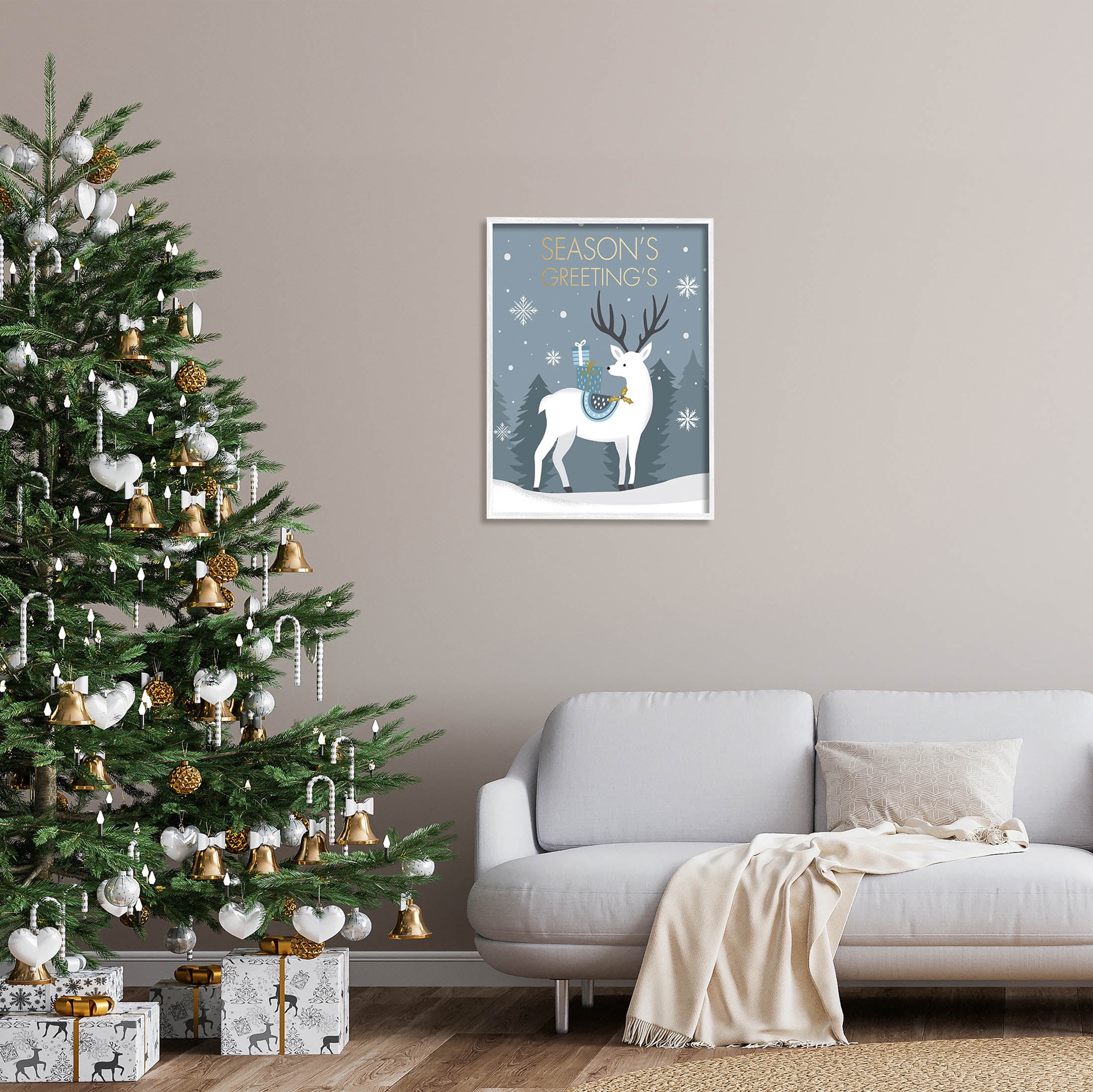Stupell Industries Season's Greetings Holiday Reindeer Graphic Art White Framed Art Print Wall Art, Design by Louise Allen Designs
