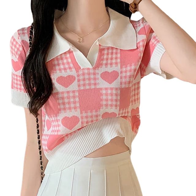 Camisas de punto de manga corta para mujer, Blusa de manga corta con estampado de cuadros en forma de corazón y cuello vuelto adelgazante y elegante