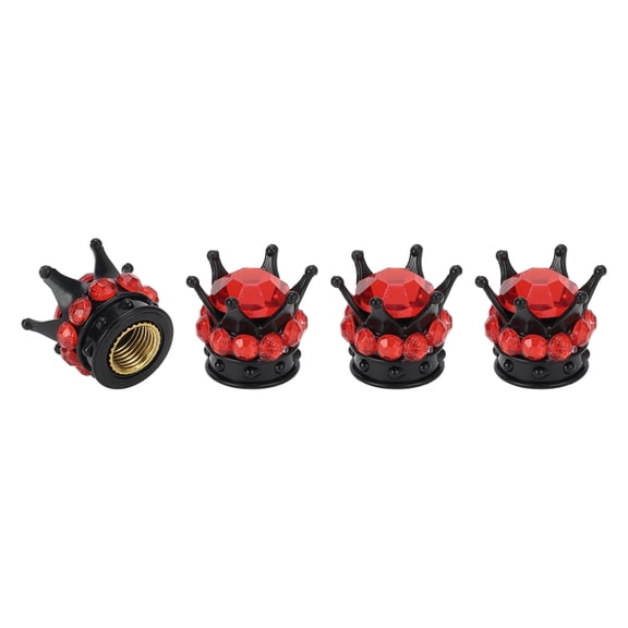 Tire Valve Stem Caps 12.8x15.8MM Car Wheel Valve Cap ABS Black Red Faux Crystal Crown Style 4 Pcs