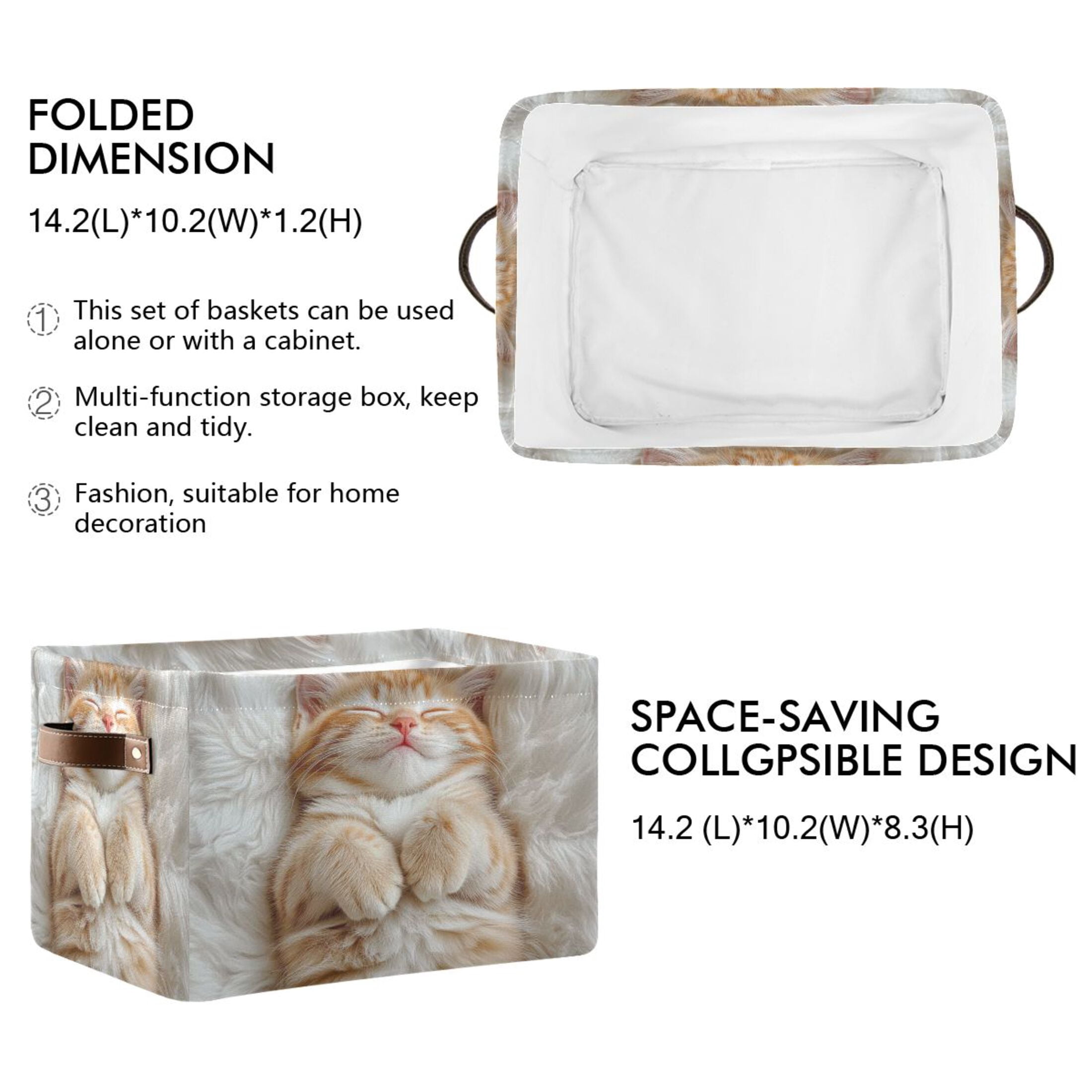 Cute Little Orange Cat Foldable Storage Basket,Canvas Fabric Foldable Storage Bins with Handles Open Home Storage Bins Boxes for Toy Book Shelf Closet Baskets