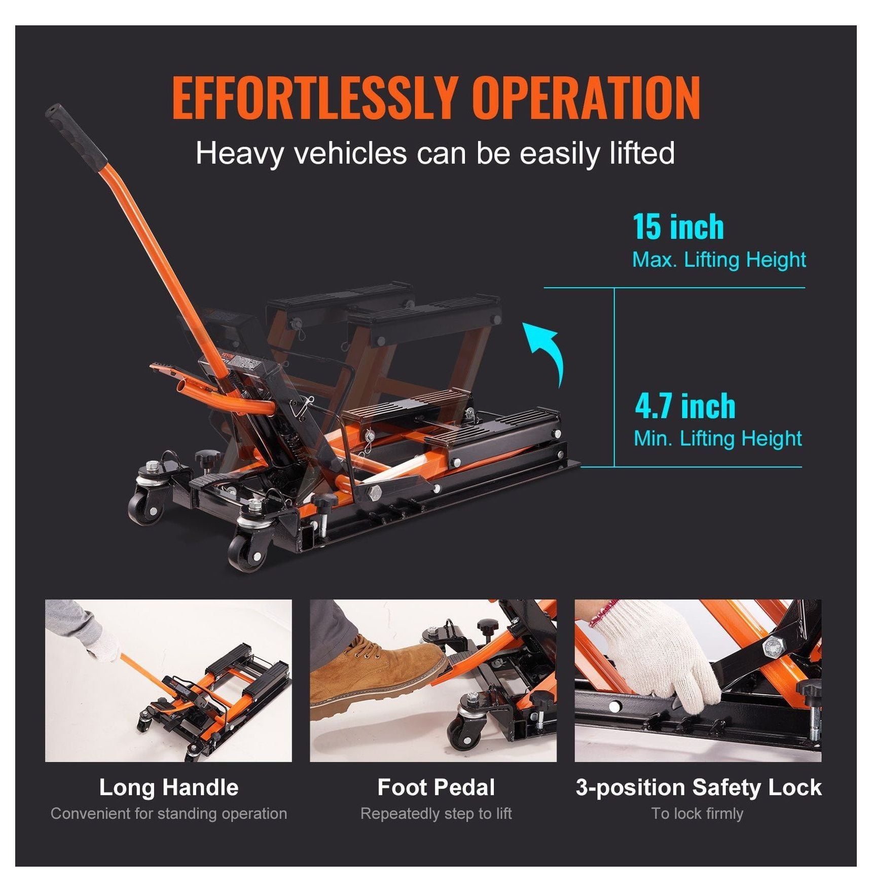 Hydraulic Motorcycle Jack Stand, 1500LB Capacity Scissor Lift for ATV/UTV, Foot-Operated with Wheels