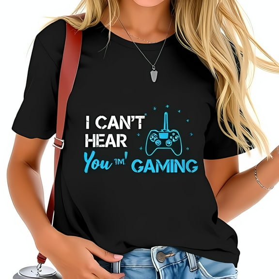 I CAN'T HEAR You™ GAMING Black Cotton Short Sleeve T-Shirt with Playful Game Controller Design & Text