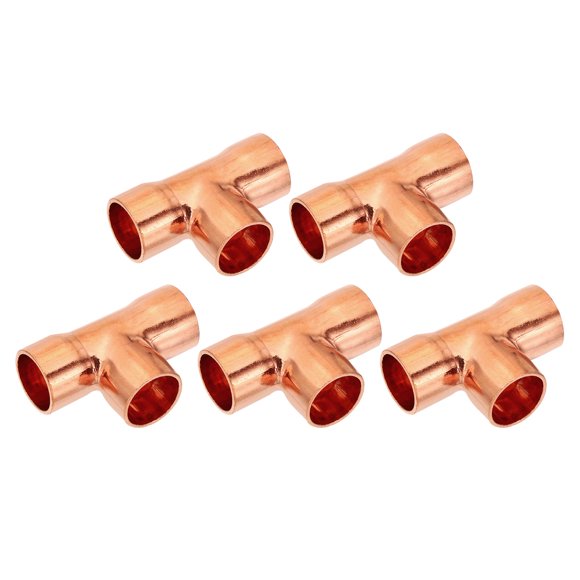Unique Bargains 14mm ID 1mm Thick Tee Copper Fitting, 5pcs 99.9% 3 Way Pure Copper Pipe Fitting Sweat Solder Tube Connector