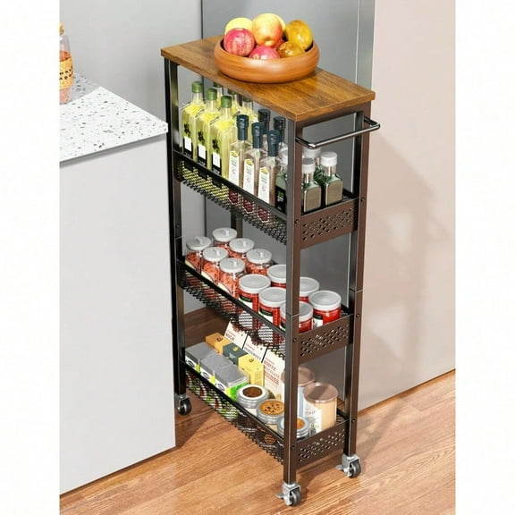 Utility Slim Storage Cart 4 Tier Small Rolling Kitchen Laundry Room Cart with Wood Top Metal Narrow Bathroom Storage Cabinet Mobile Shelf Unit Organizer Trolley with Handle for Narrow Space