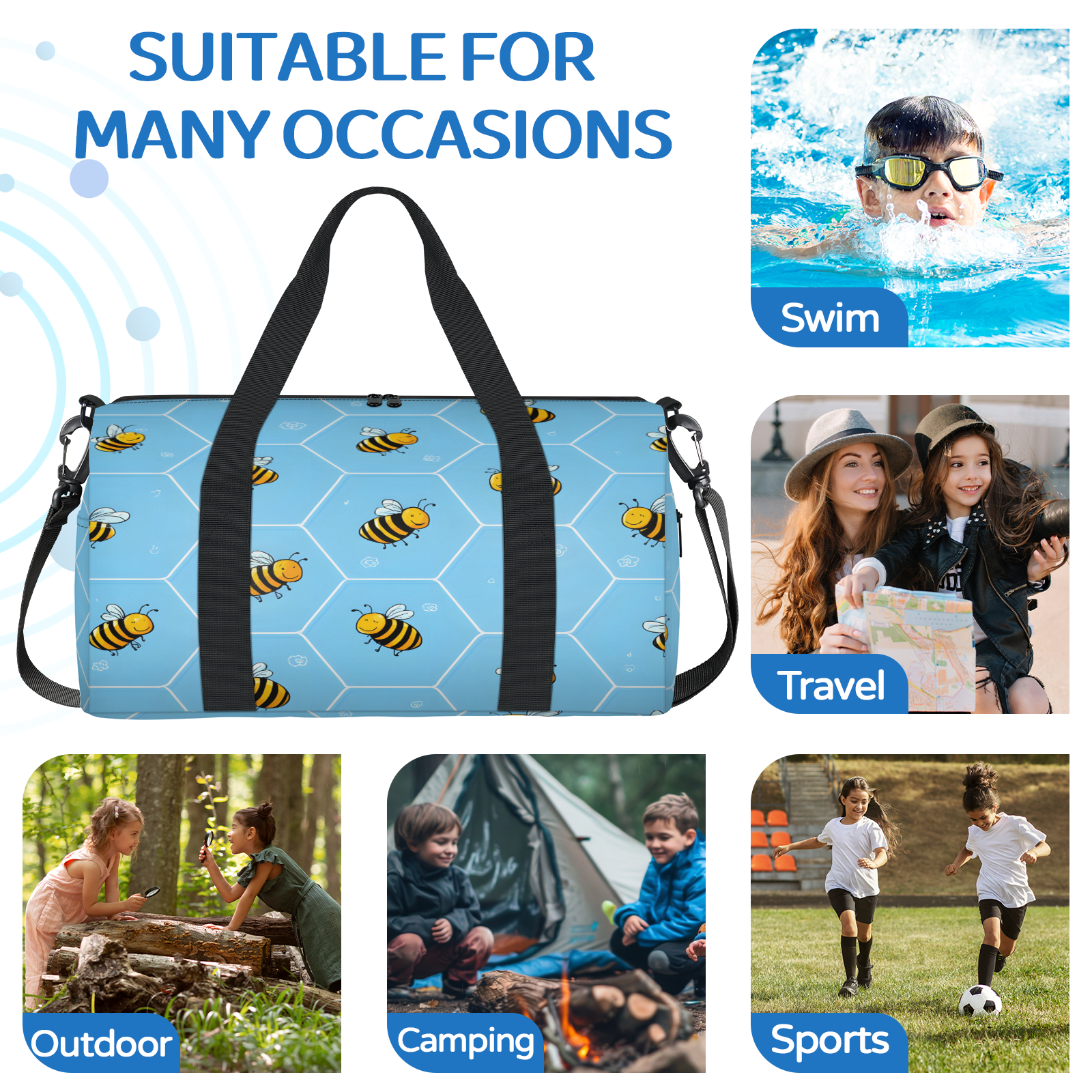 Herdesigns Cute Yellow Bee Gym Bag for Women, Duffle Bag for Travel Sport, Honeycomb Lightweight Waterproof Carry on Weekender Dance Yoga Workout Bags