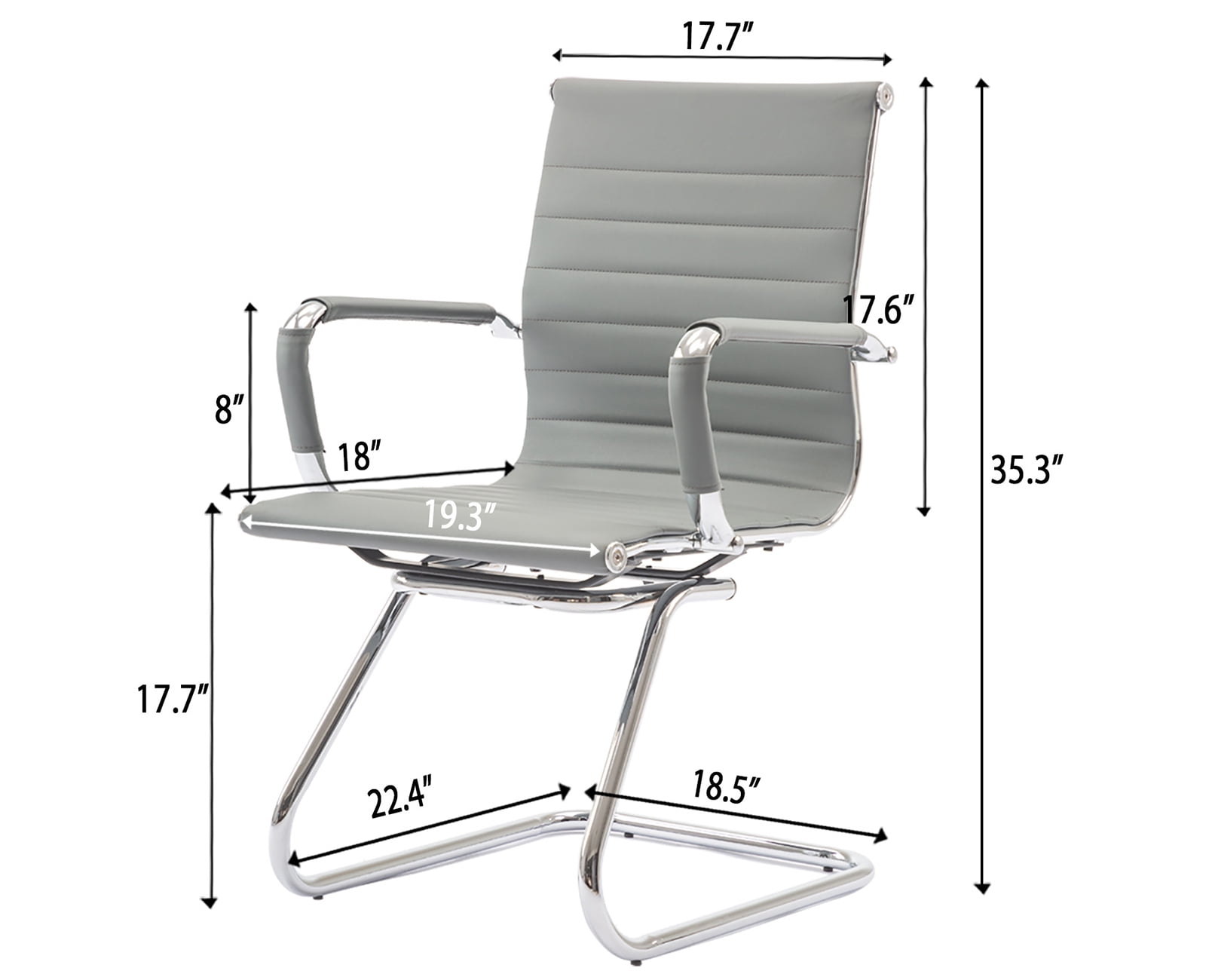 Guyou Modern Mid Back Office Guest Chair Set of 2, Faux Leather Reception Chair Computer Chair with Armrests and Metal Sled Base for Meeting/Waiting/Conference Room, No Wheels, Grey