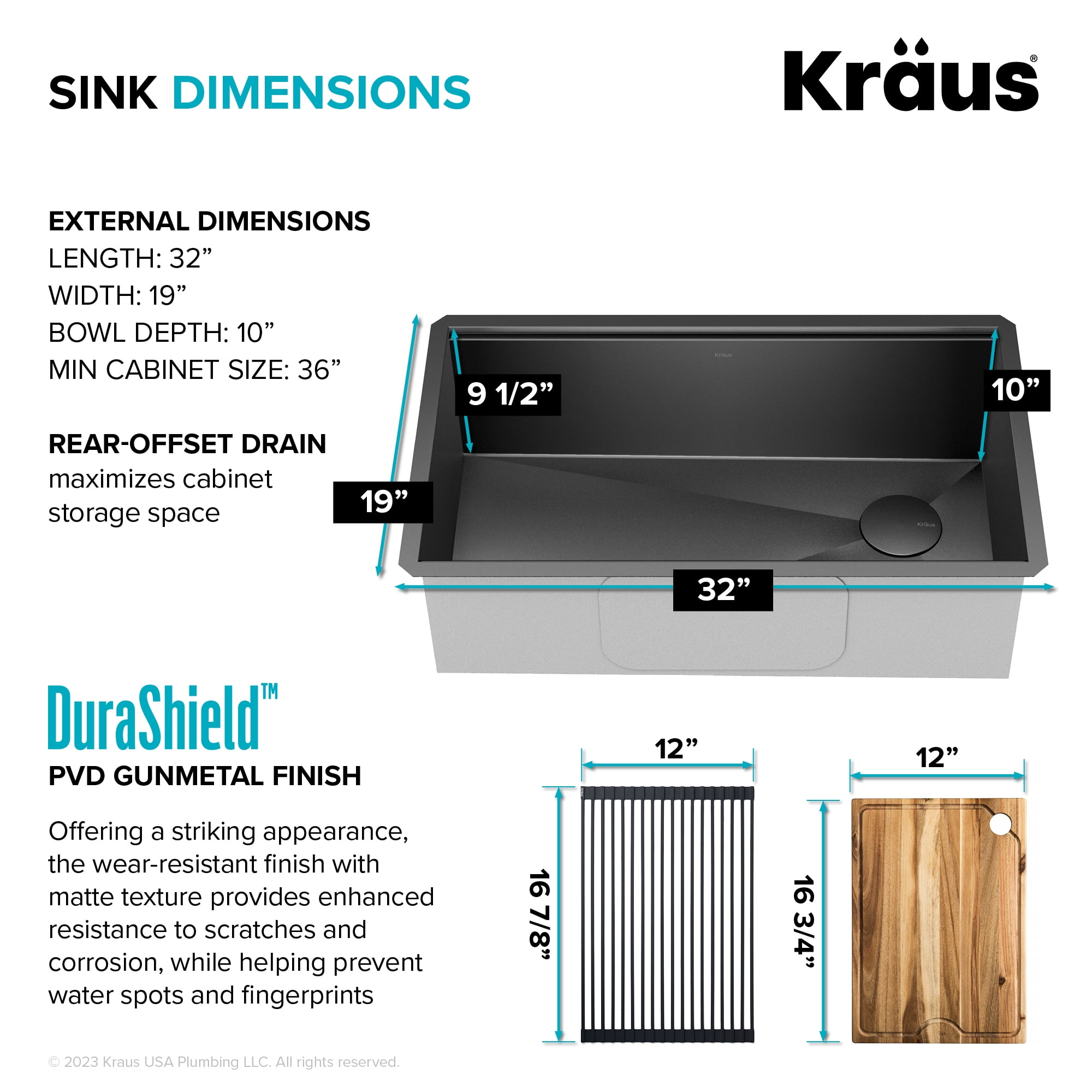 Kraus Kore Workstation 32 Undermount 16 Gauge Stainless Steel Single Bowl Kitchen Sink in PVD Gunmetal Finish with Accessories