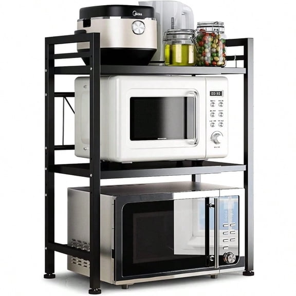 Microwave Oven Rack Expandable Microwave Stand Countertop Kitchen Utensils Tableware Storage Carbon Steel Over Microwave Shelf Countertop With 3 Hooks