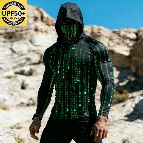 Yertdoel Sun Shirts for Men Printed Quick Dry Long Sleeve Lightweight Summer Sun Protection Fishing Shirts with Face Mask UPF 50 Cozy Cover Up Athletic Hoodies