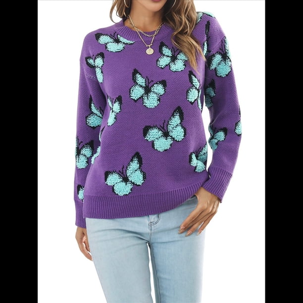 Suéteres de Punto con Estampado de Mariposas para Mujer, Informales, de Larga y Cuello Redondo Púrpura L
