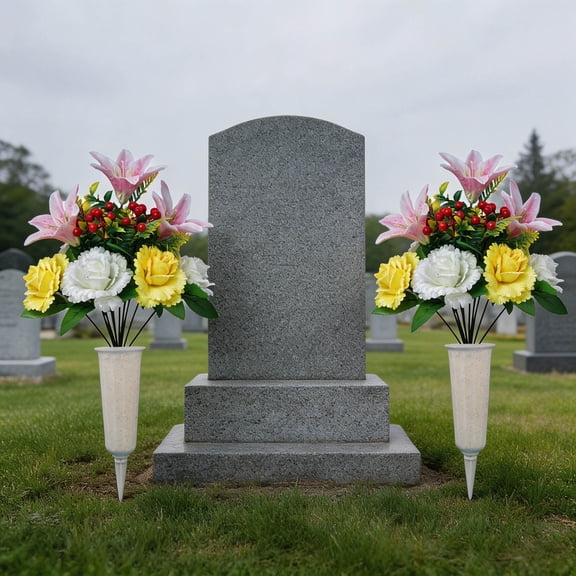 BiFandian 2pcs Rose Lily Artificial Cemetery Flowers with Vase, Artificial Flowers Bouquet with Stake, Realistic Graveyard Memorial Flowers for Cemetery Headstones Memorial Day Decoration