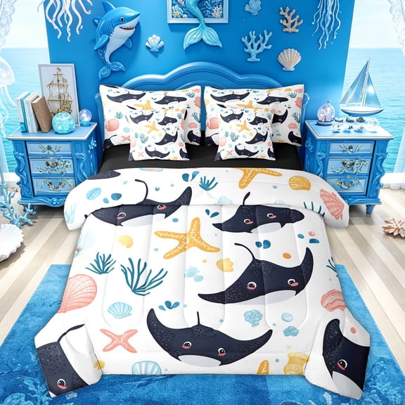 Feelyou Cute Cartoon Fish Starfish Shell Twin Bedding Sets for Boys Girls, Kawaii Ocean Marine Wildlife Bedding Comforter Set, Black Reversible, 7pcs