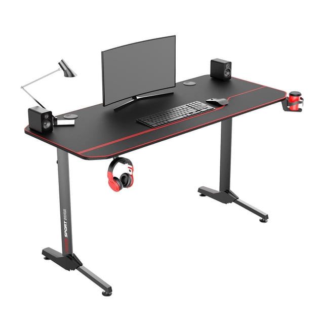 Bureau de Jeu pour PC en Forme de T, 55 Pouces x 23 Pouces Table Ergonomique pour Ordinateur, Écriture et Étude avec Porte-Gobelet et Crochet pour Écouteurs pour Ados et Adultes Joueurs