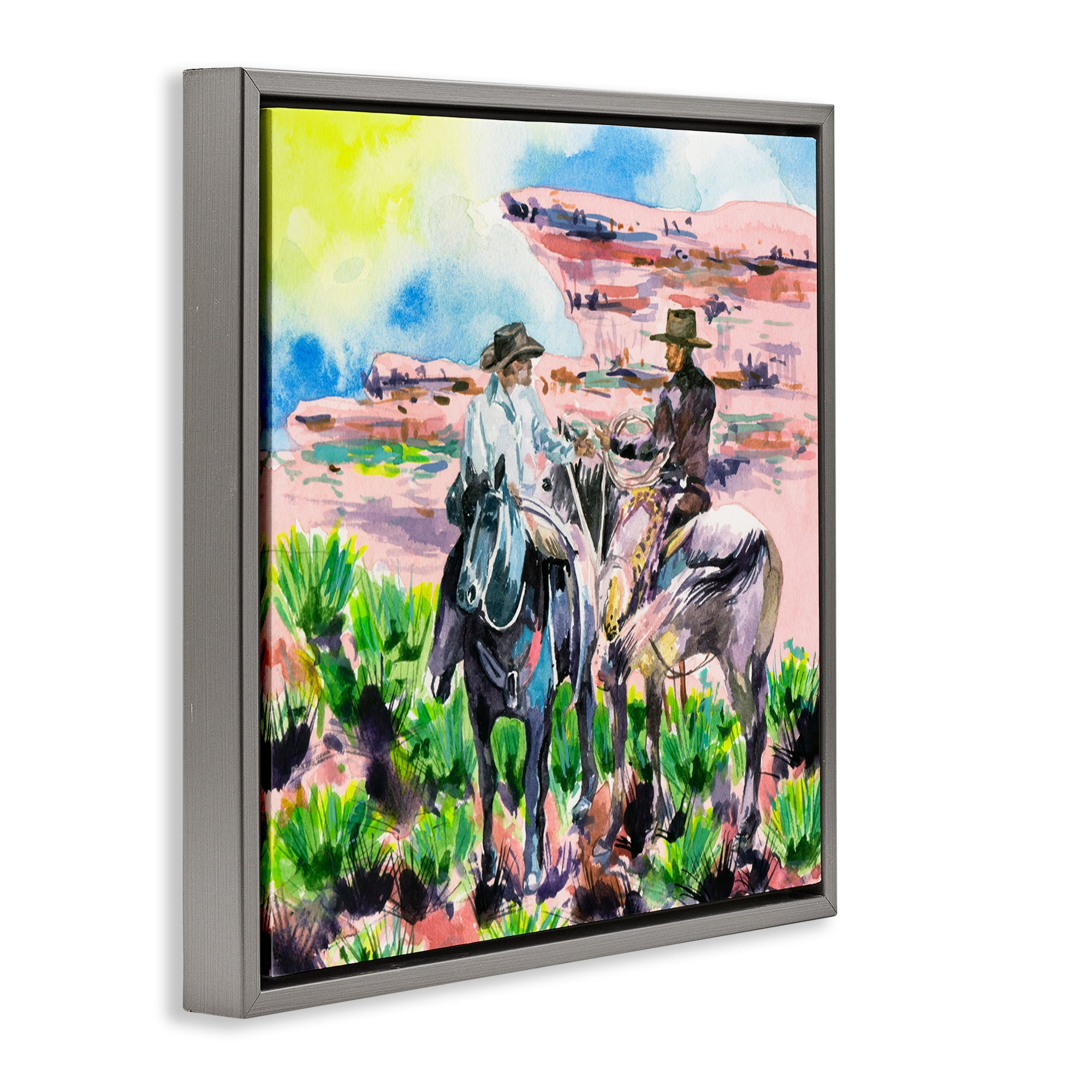 Stupell Industries Sunny Canyon Cowboys Animals Painting Gray Floater Framed Canvas Art Print Wall Art, 18 x 18
